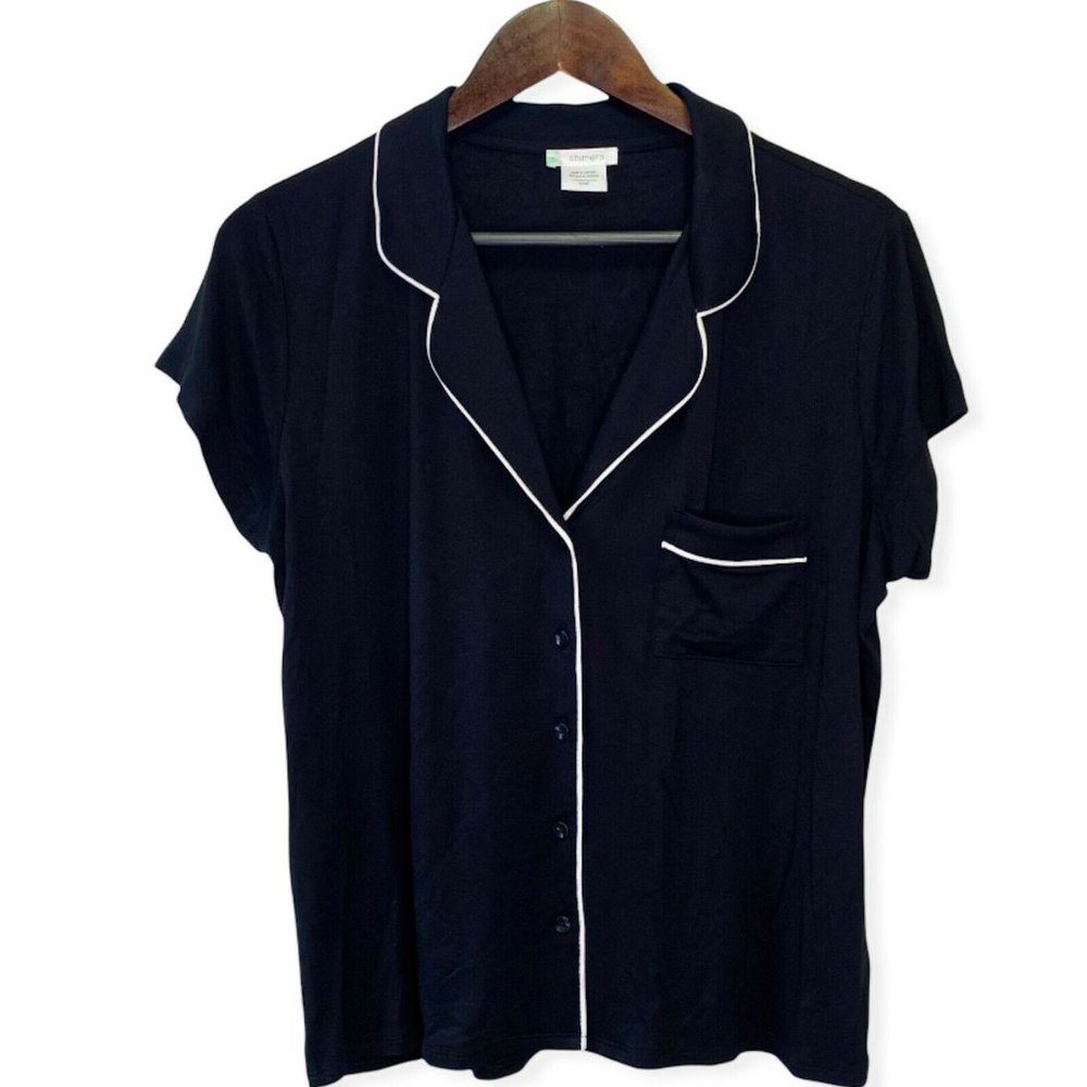 Shimera Women's Size Small Pajama Top Short Sleeve Pocket Detail Button-Up Black